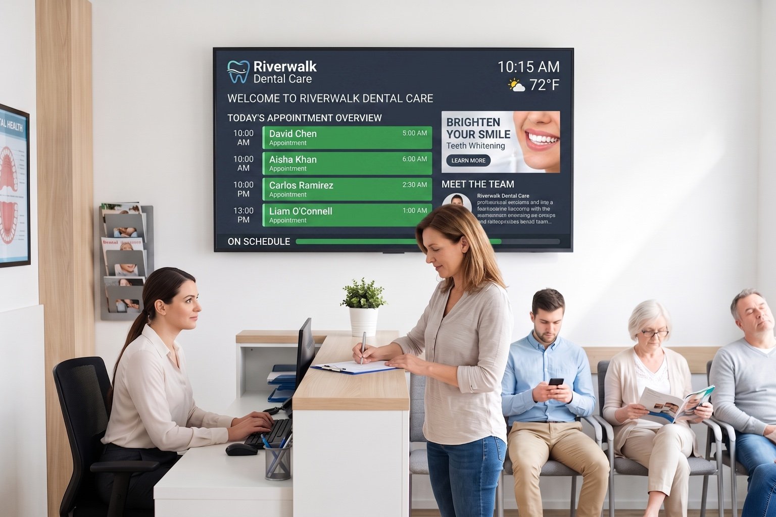Dental waiting room signage Dental office waiting room with a wall-mounted DAKboard signage screen showing patient welcome message, appointment overview, and a teeth whitening promotion.