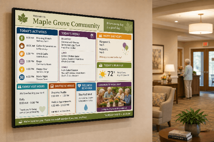 Assisted living signage Residents in an assisted living common room reading activities and menus on a large DAKboard signage screen