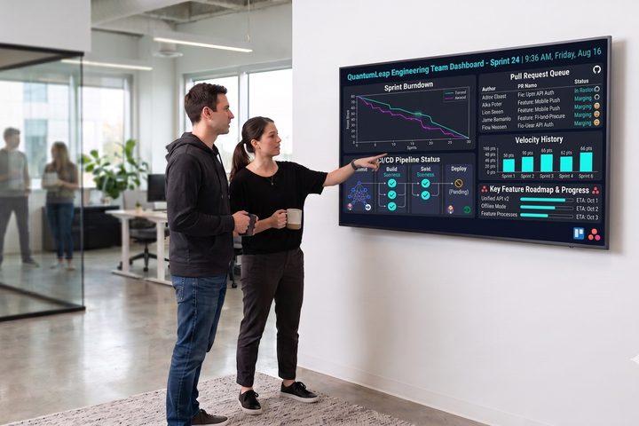 Agile dashboard display Development team reviewing sprint status on a wall-mounted TV showing a DAKboard agile scrum dashboard
