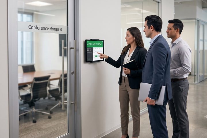 Conference room display Colleagues checking a wall-mounted tablet outside a conference room showing availability and the day's meetings