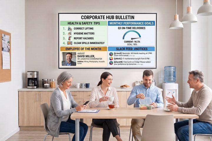 Breakroom bulletin board Employees in a breakroom looking at a DAKboard digital bulletin board with announcements and the team calendar