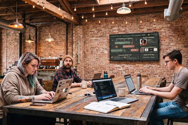 Coworking space signage Members walking past a DAKboard digital signage screen in a coworking space lobby showing events and room availability